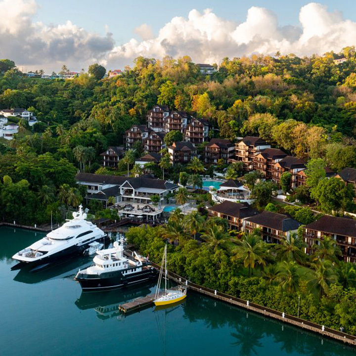 Aerial View of Resort with marina, boats, pool, suites and surrounding jungle